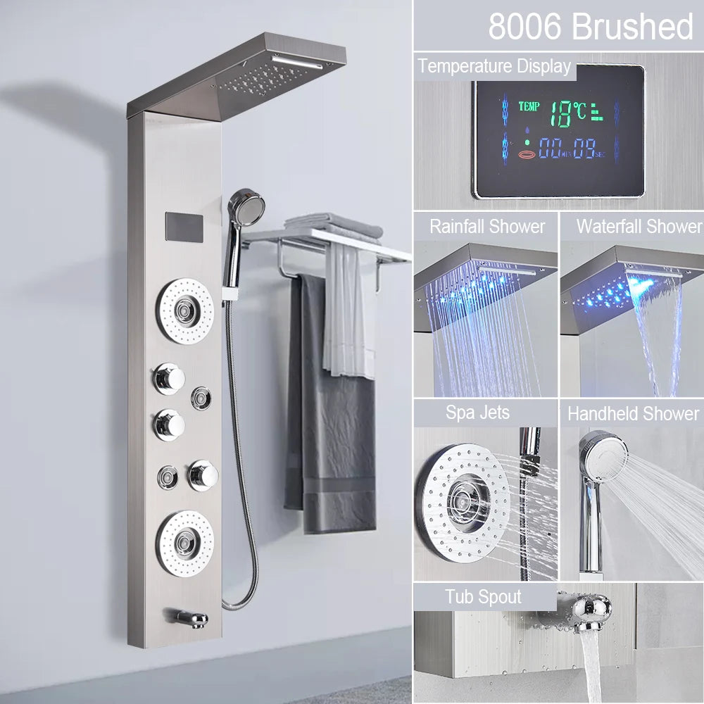 LED Shower Panel with Rainfall/Waterfall and Body Spray Heads