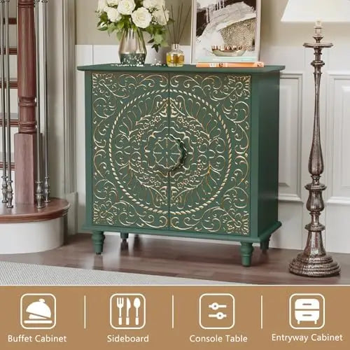 Green Vintage 2-Door Wood Credenza with Carved Flower