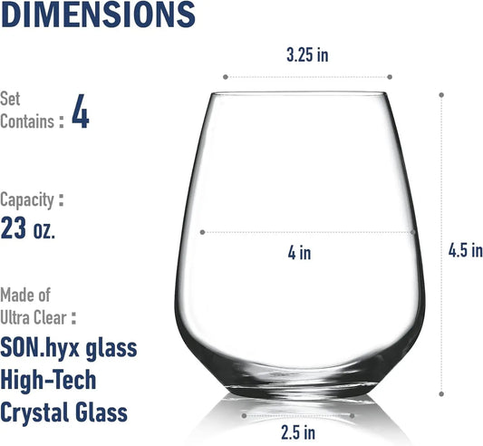 Set of 4 Stemless Wine Glasses, 23.25 oz Clear Tumblers