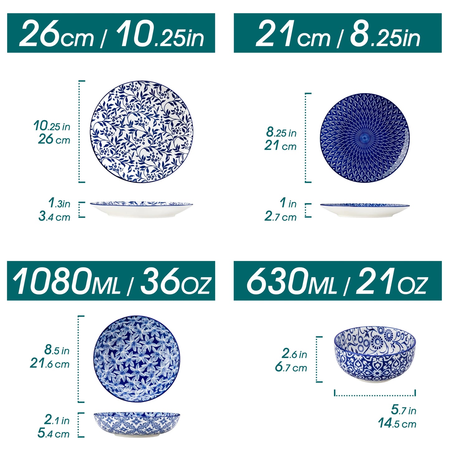 12/24/36 Piece Chinese Blue and White Porcelain Plate Set Tableware Set with 4PCS Dinner Plate/Dessert Plate/Ceral Bowl