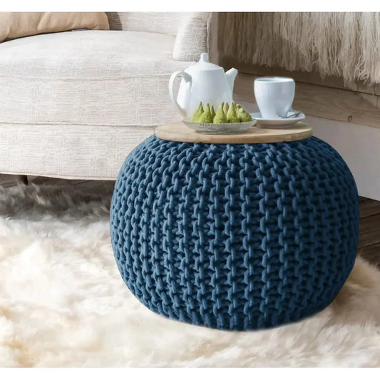 Round Pouf Ottoman, Hand Knitted 100 Cotton Foot Stool