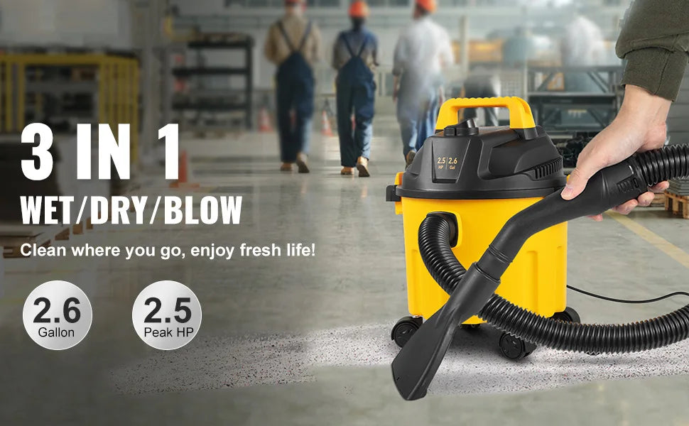 3 in 1 Portable Wet Dry Shop Vac, 2.6 Gallon 2.5 Peak HP