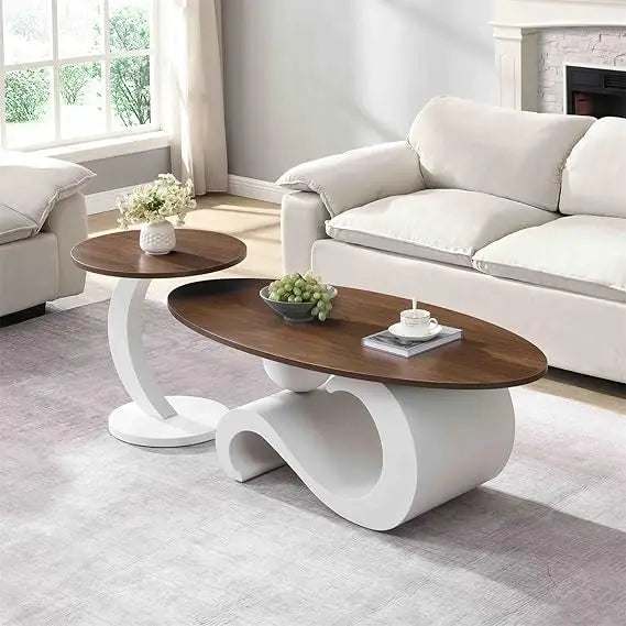 2 Piece Living Room Set, Faux Marble Tabletop, Oval Coffee and End Table Set