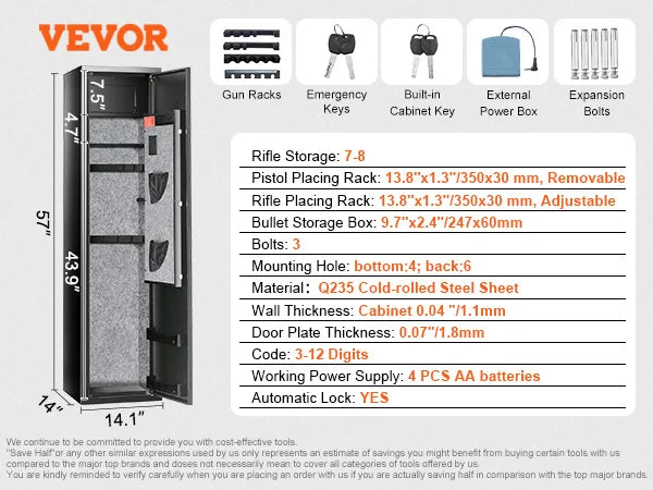 Gun Safe for 3 - 8 Firearms w/ Digital Keypad & Key Lock; Removable Storage Shelf for Long Guns and Pistols