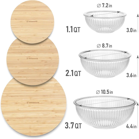 3-Piece Stackable Glass Bowl Set with Bamboo Lids - Microwave, Oven Safe, BPA Free for Food Prep & Storage