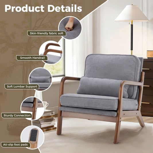 Mid Century Modern Chair with Solid Wooden Frame, Arms, and Waist Cushion