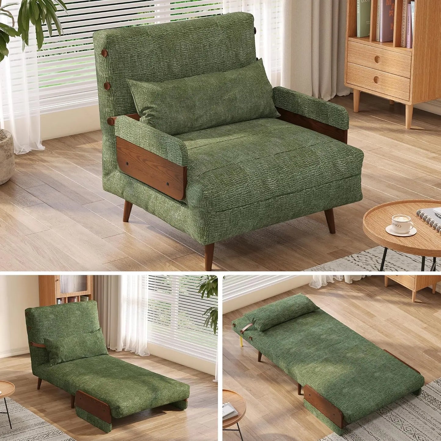 Linen 3-in-1 Convertible Chair Sleeper for Adults Foldable Single Futon with Wooden Arms And Pillows - Comfortabl,Customized