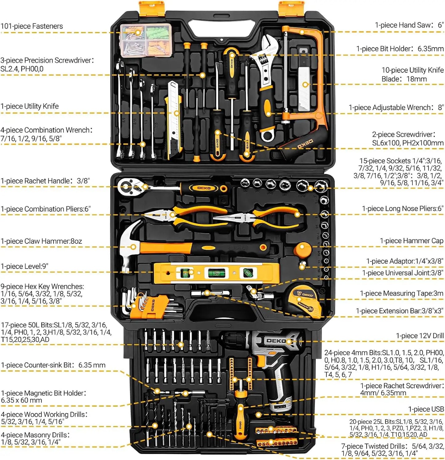 Home Mechanic Toolbox with Hand Tools Combo and 12V Power Cordless Drill Hand