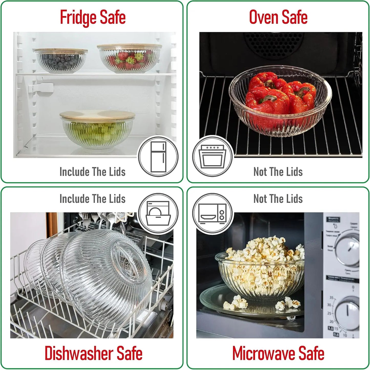 3-Piece Stackable Glass Bowl Set with Bamboo Lids - Microwave, Oven Safe, BPA Free for Food Prep & Storage