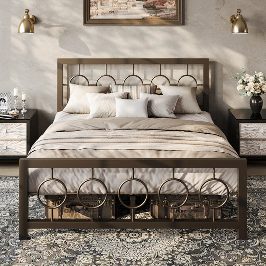 Twin/Full/Queen/King Metal Bed Frame with Vintage Circular Design Headboard and Footboard, Extra Under-Bed Storage