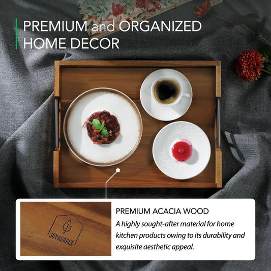 Acacia Wooden Serving Tray with Metal Handles