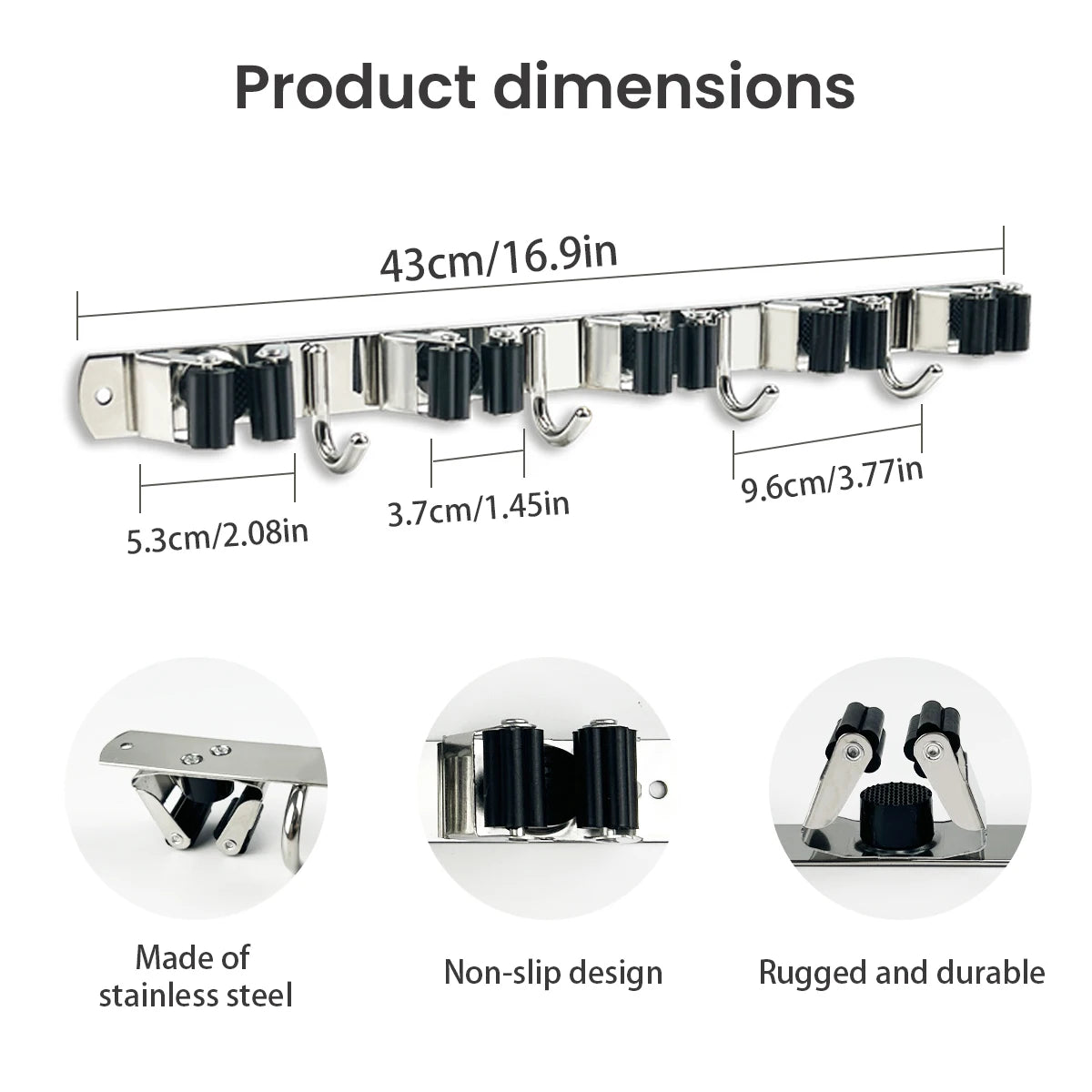 4-Hook Adhesive Wall-Mounted Broom Mop Organizer, Stainless Steel
