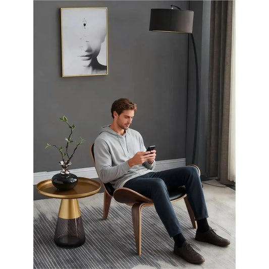 Modern Tripod Plywood Lounge Chair, Faux Leather, Elegant Walnut Accent for Living Spaces and Offices