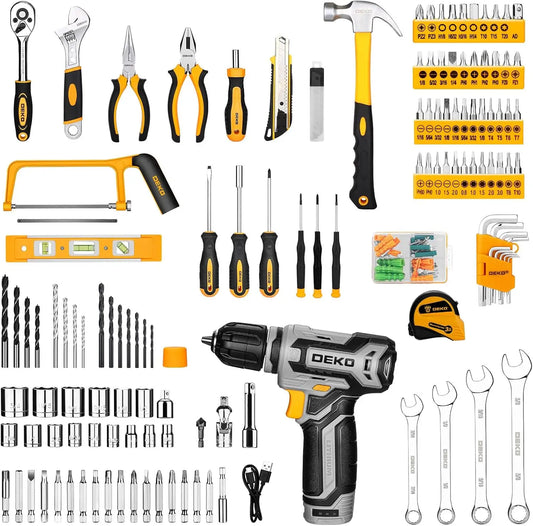 Home Mechanic Toolbox with Hand Tools Combo and 12V Power Cordless Drill Hand