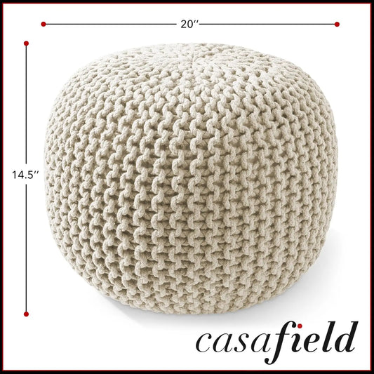 Round Pouf Ottoman, Natural Cotton Knit Foot Stool
