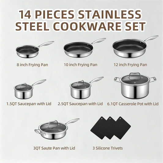 14-Piece Stainless Steel Cookware Set with Non-Stick Coating, Induction Compatible & Oven Safe
