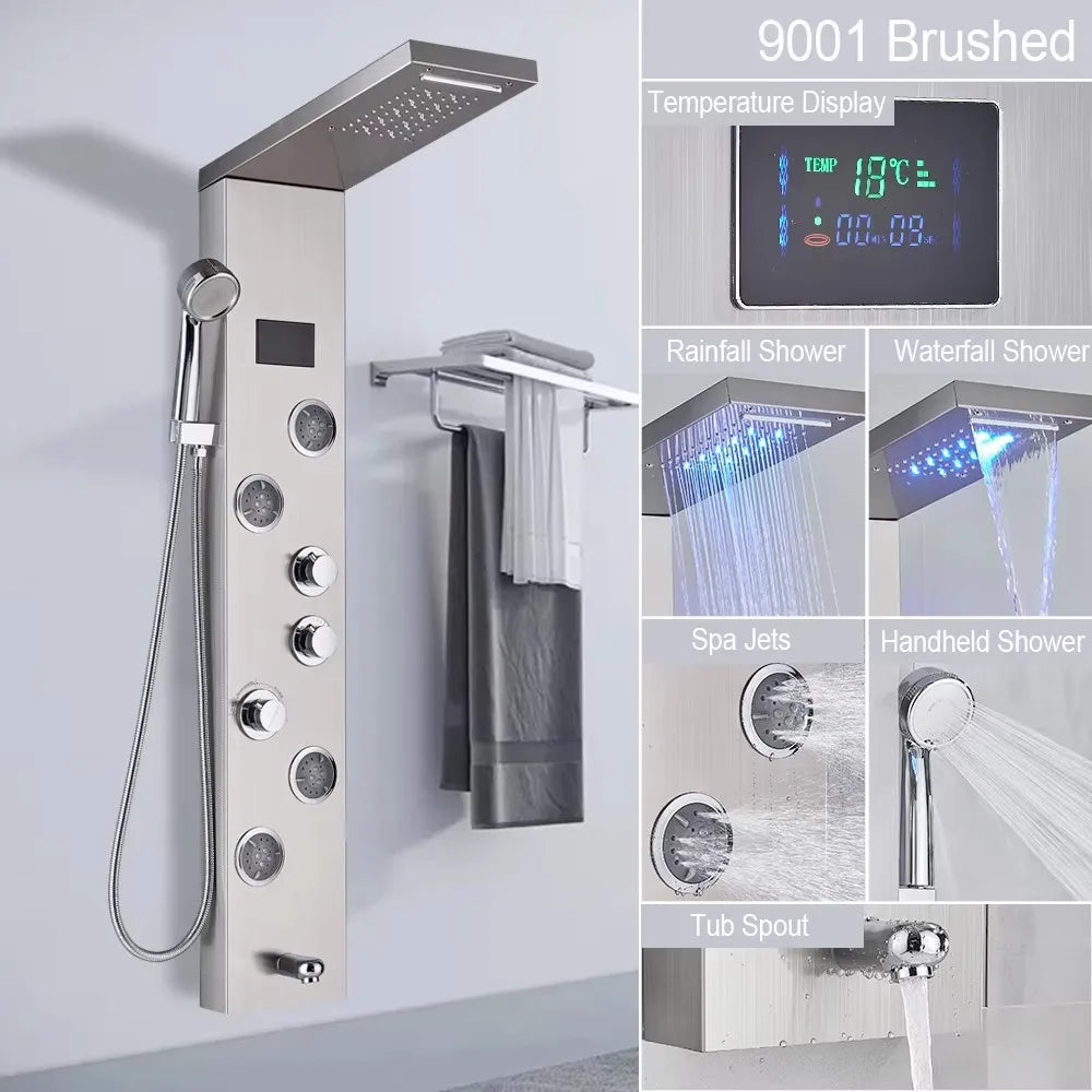 LED Shower Panel with Rainfall/Waterfall and Body Spray Heads