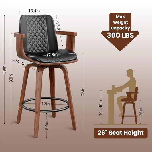 Set of 2, 26 Inch Counter Height Swivel Upholstered PU Leather Bar Stools with Arms