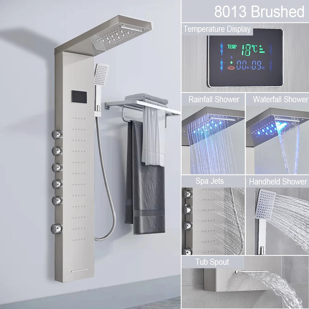LED Shower Panel with Rainfall/Waterfall and Body Spray Heads