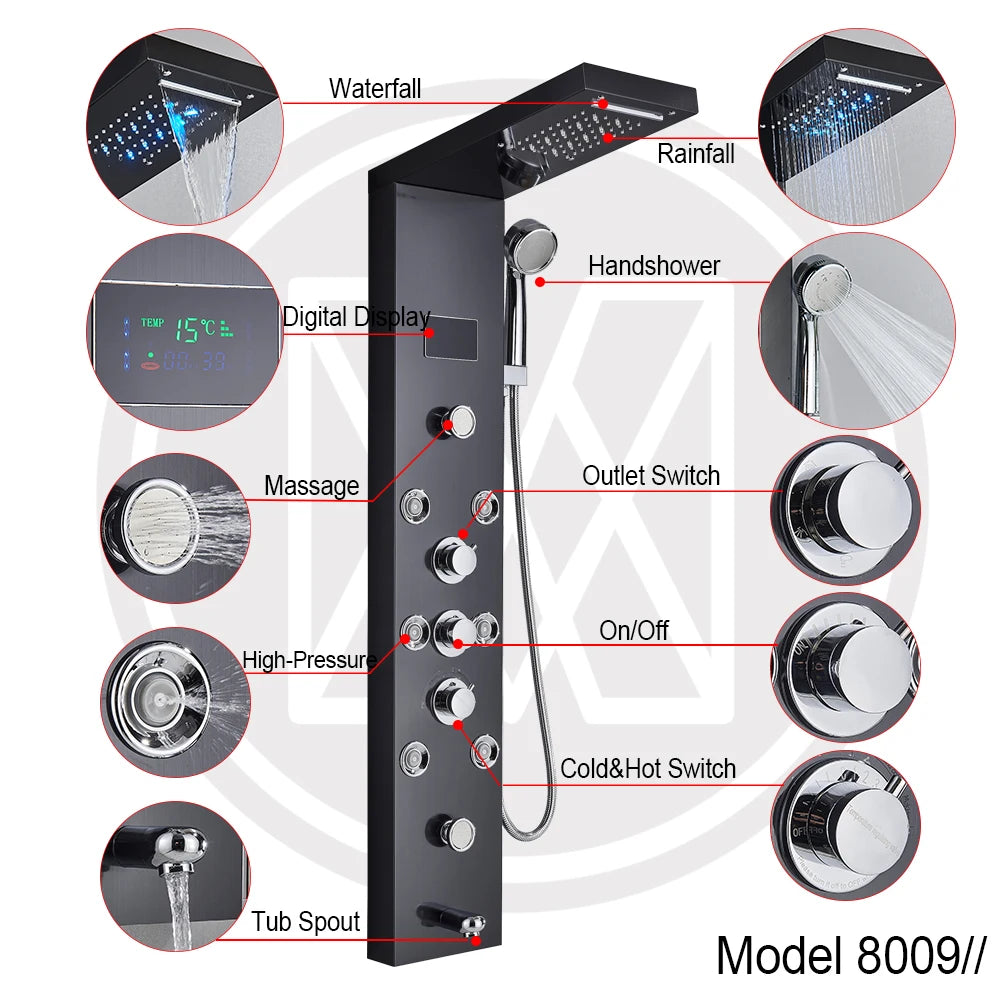 LED Shower Panel with Rainfall/Waterfall and Body Spray Heads