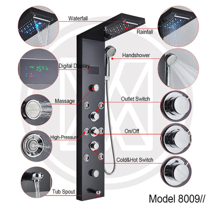 LED Shower Panel with Rainfall/Waterfall and Body Spray Heads