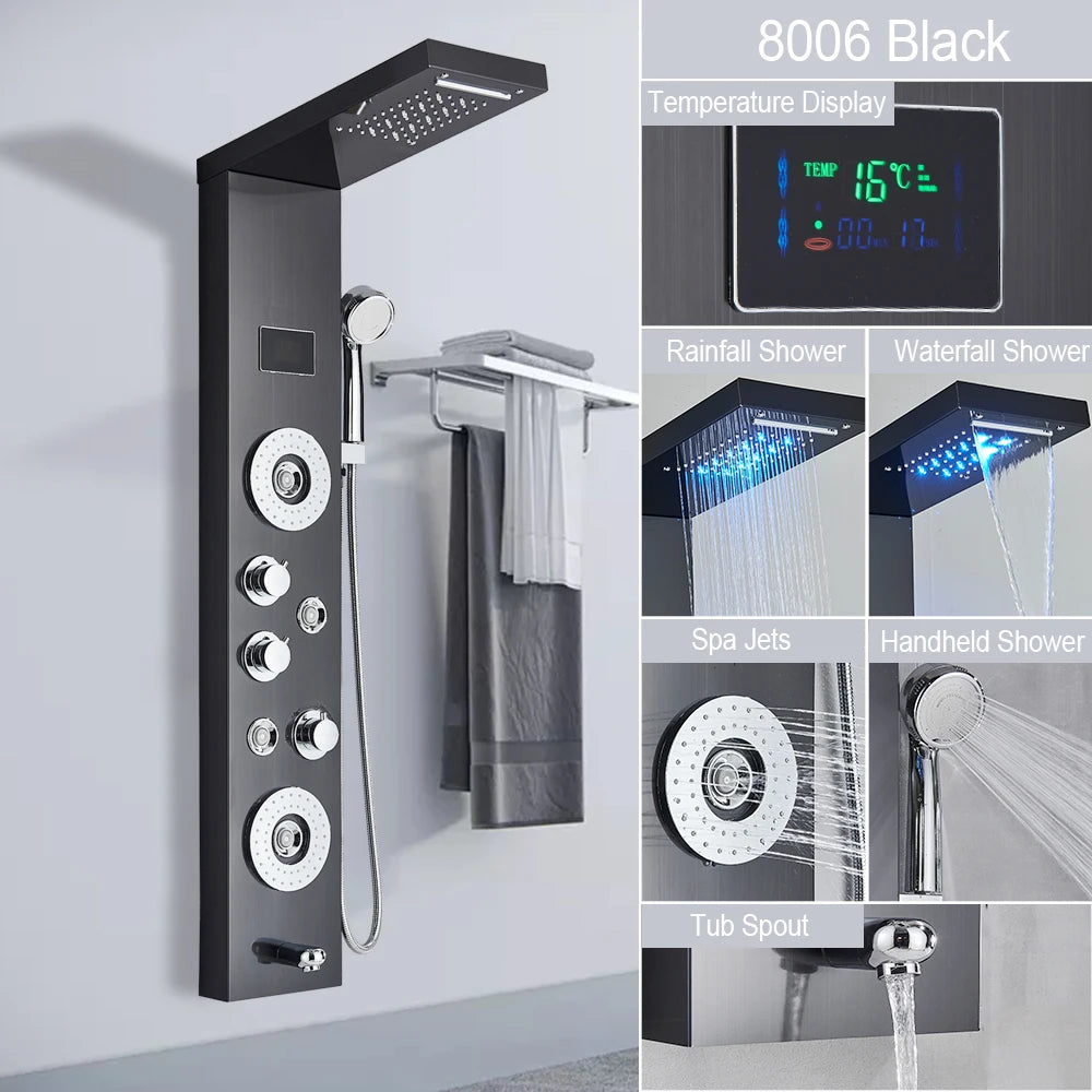 LED Shower Panel with Rainfall/Waterfall and Body Spray Heads