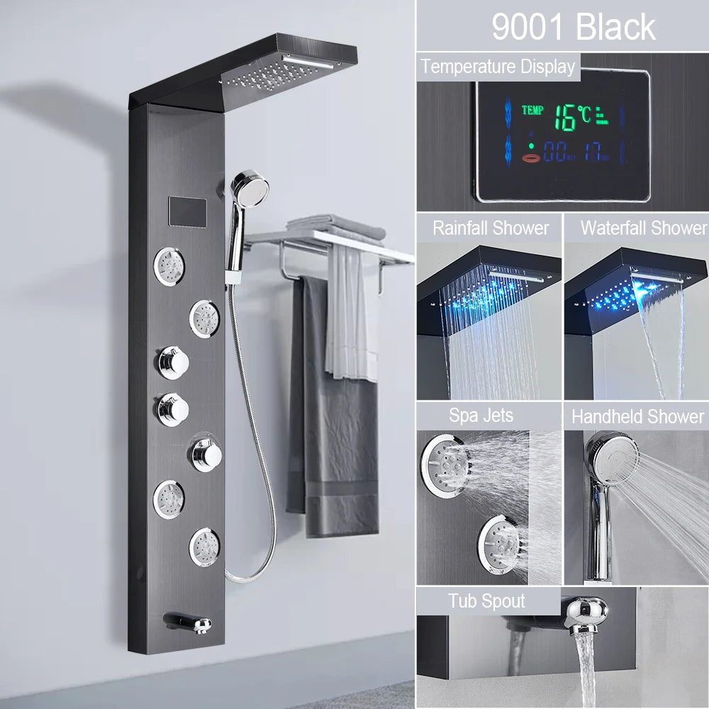 LED Shower Panel with Rainfall/Waterfall and Body Spray Heads