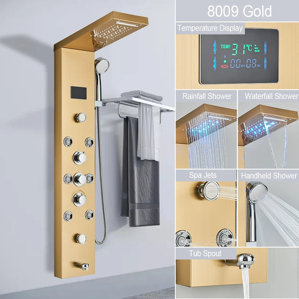 LED Shower Panel with Rainfall/Waterfall and Body Spray Heads