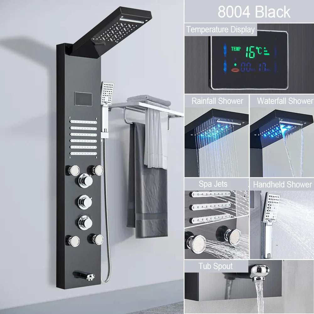 LED Shower Panel with Rainfall/Waterfall and Body Spray Heads