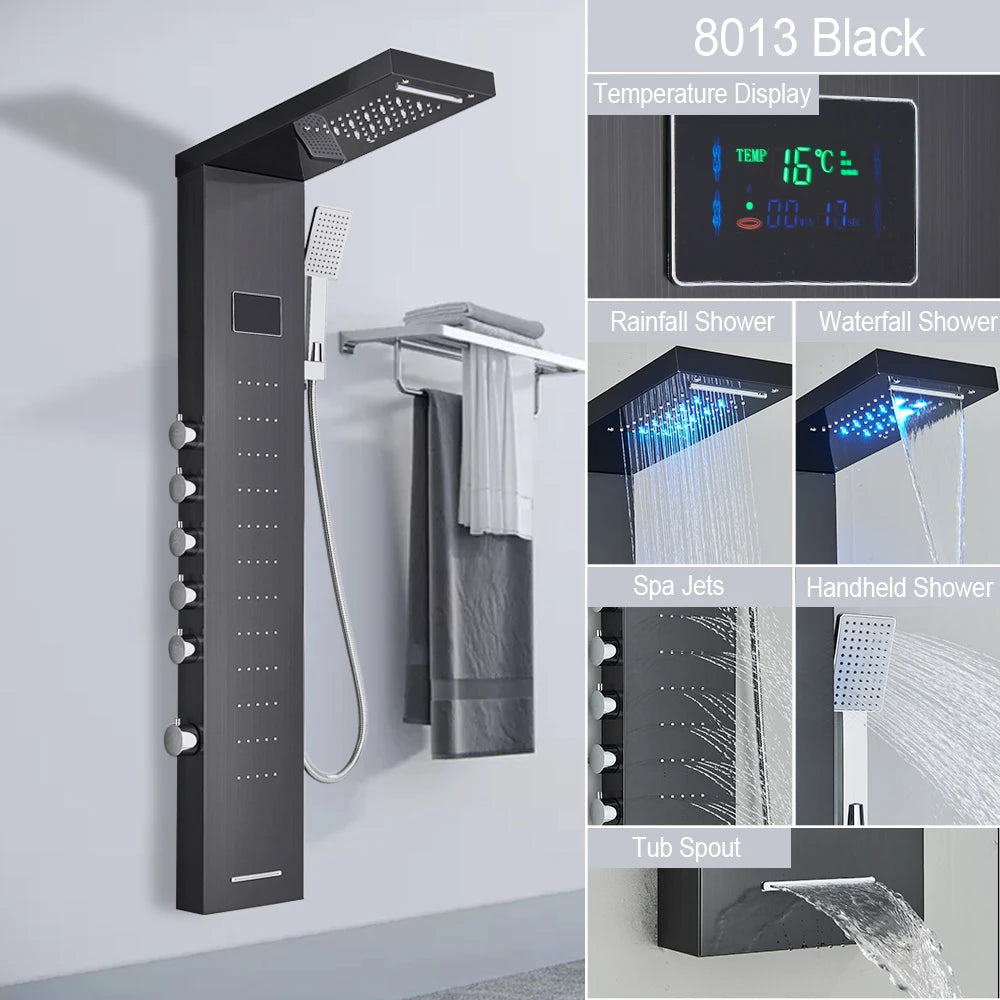 LED Shower Panel with Rainfall/Waterfall and Body Spray Heads