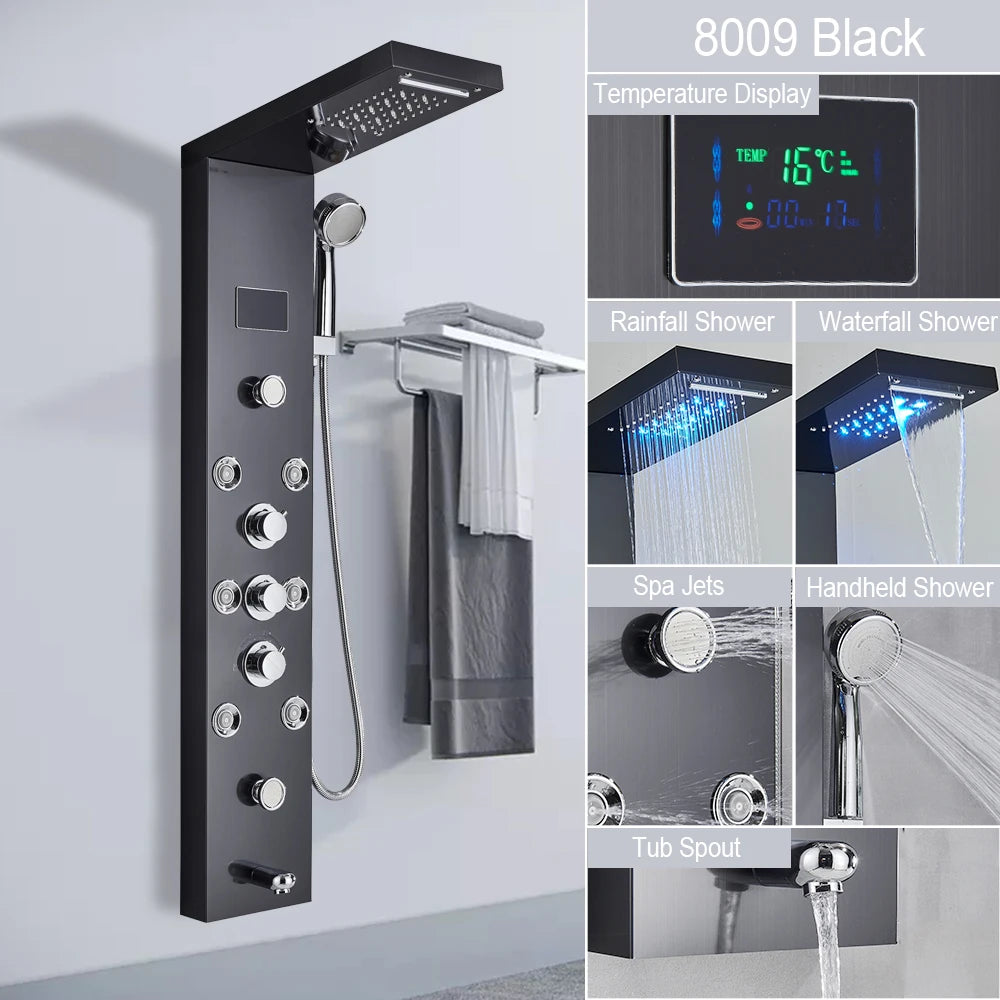 LED Shower Panel with Rainfall/Waterfall and Body Spray Heads