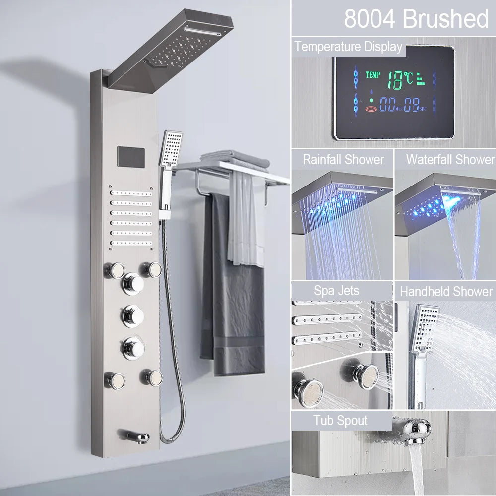 LED Shower Panel with Rainfall/Waterfall and Body Spray Heads