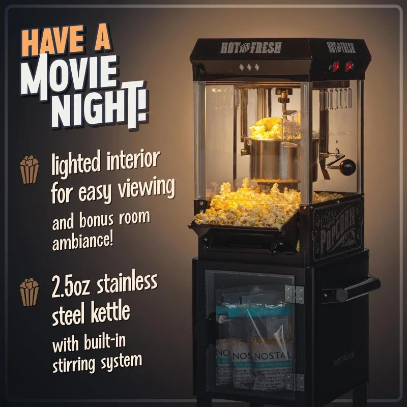 Popcorn Maker Machine with Professional Cart; 2.5 Oz Kettle Makes Up To 10 Cups of Popcorn