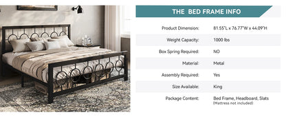 Twin/Full/Queen/King Metal Bed Frame with Vintage Circular Design Headboard and Footboard, Extra Under-Bed Storage