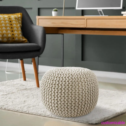 Round Pouf Ottoman, Natural Cotton Knit Foot Stool