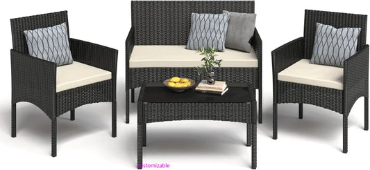 4 Piece Rattan Patio Conversation Set with Waterproof Cushions and Table