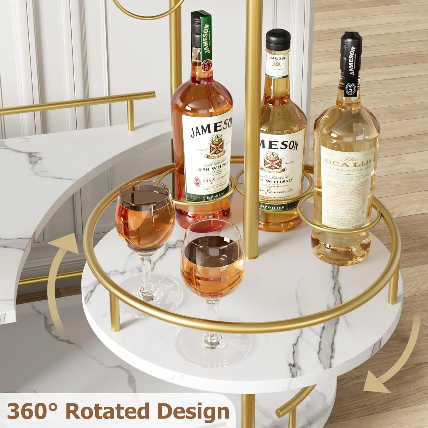 Gold Bar/Coffee Cart On Wheels with 4-Tier Storage Shelves, Wine Rack, and Glass Storage