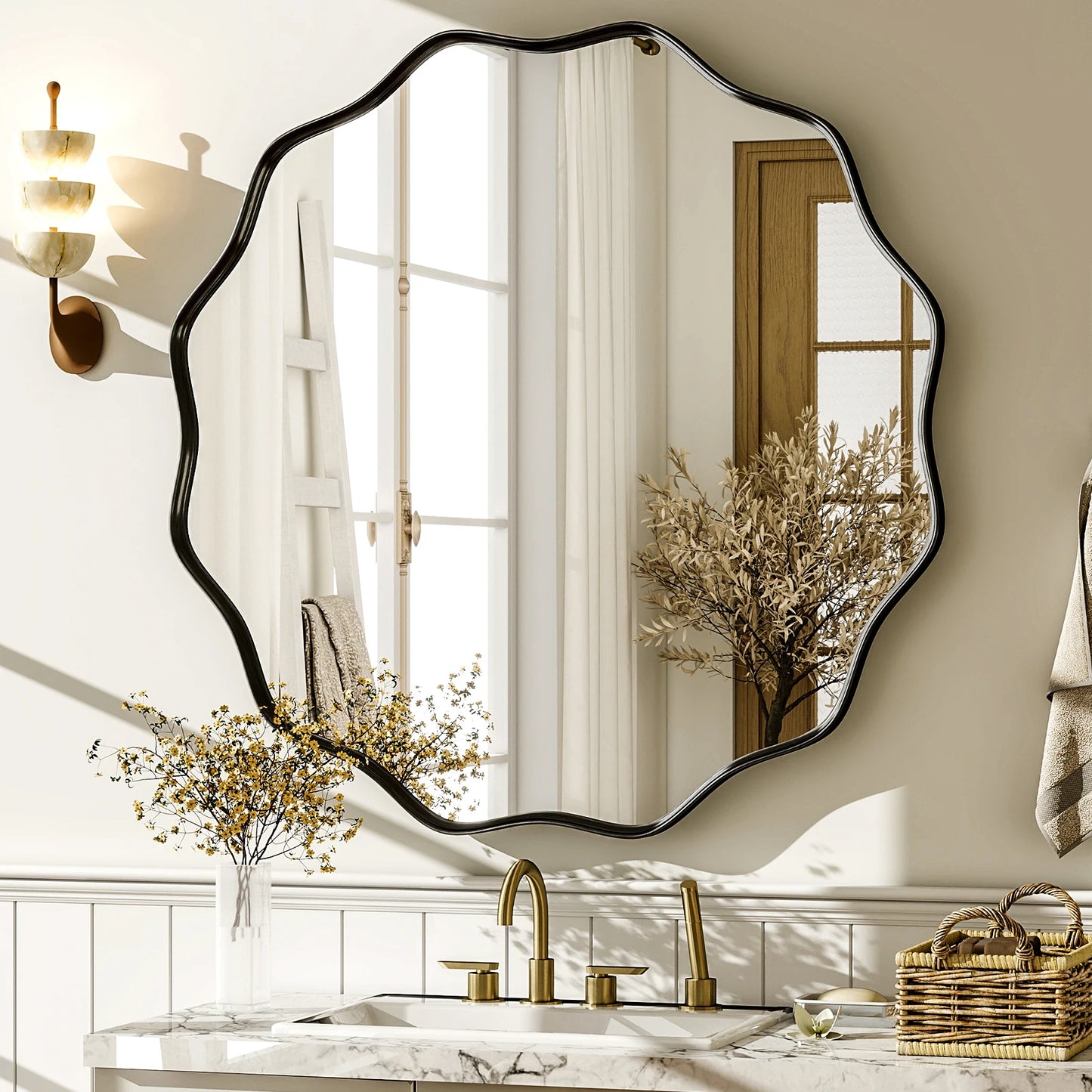Wavy Round Decorative Wall Mirror with Deep Frame