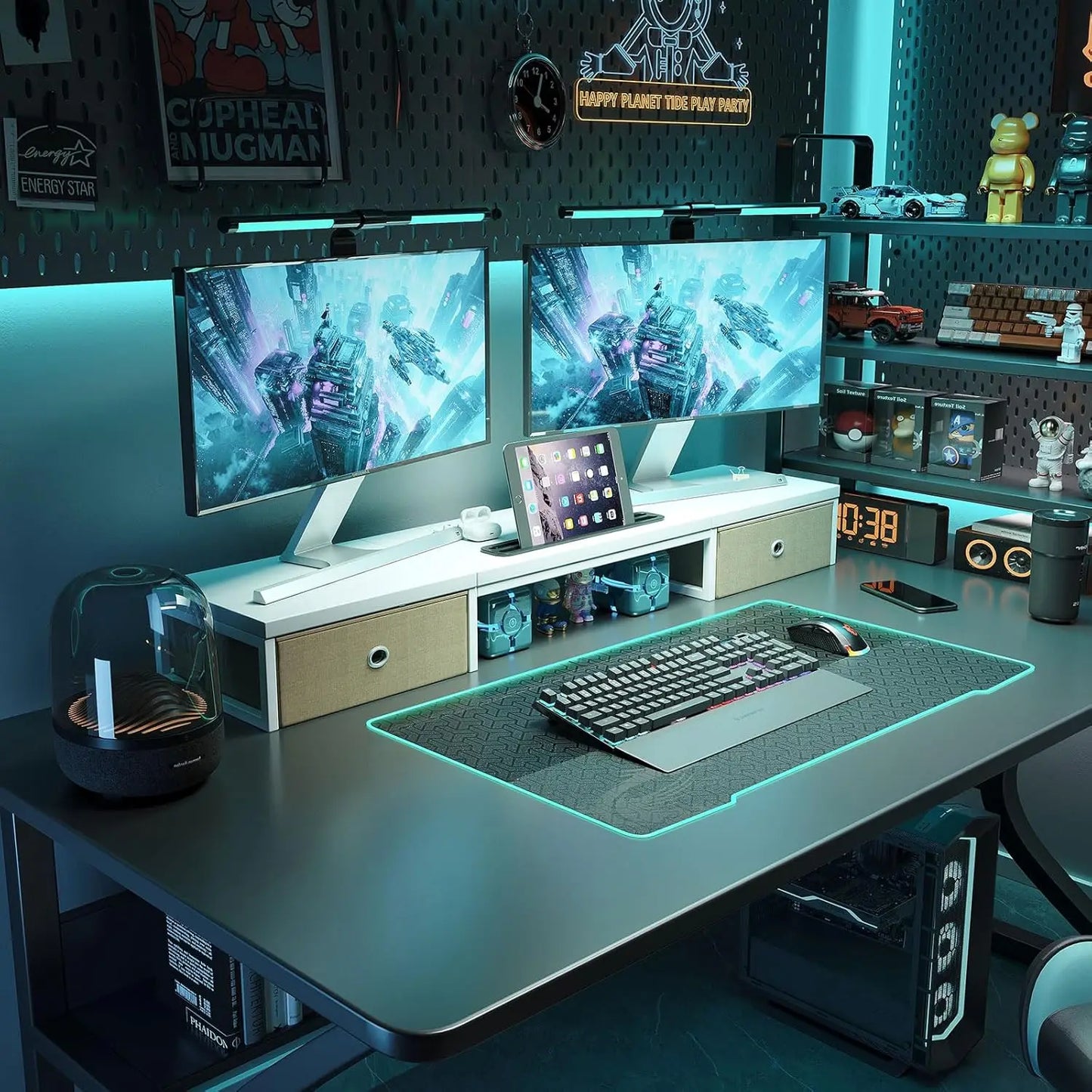 Home Office Dual Monitor Stand with 2 Drawers
