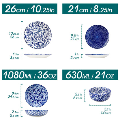 12/24/36 Piece Chinese Blue and White Porcelain Plate Set Tableware Set with 4PCS Dinner Plate/Dessert Plate/Ceral Bowl