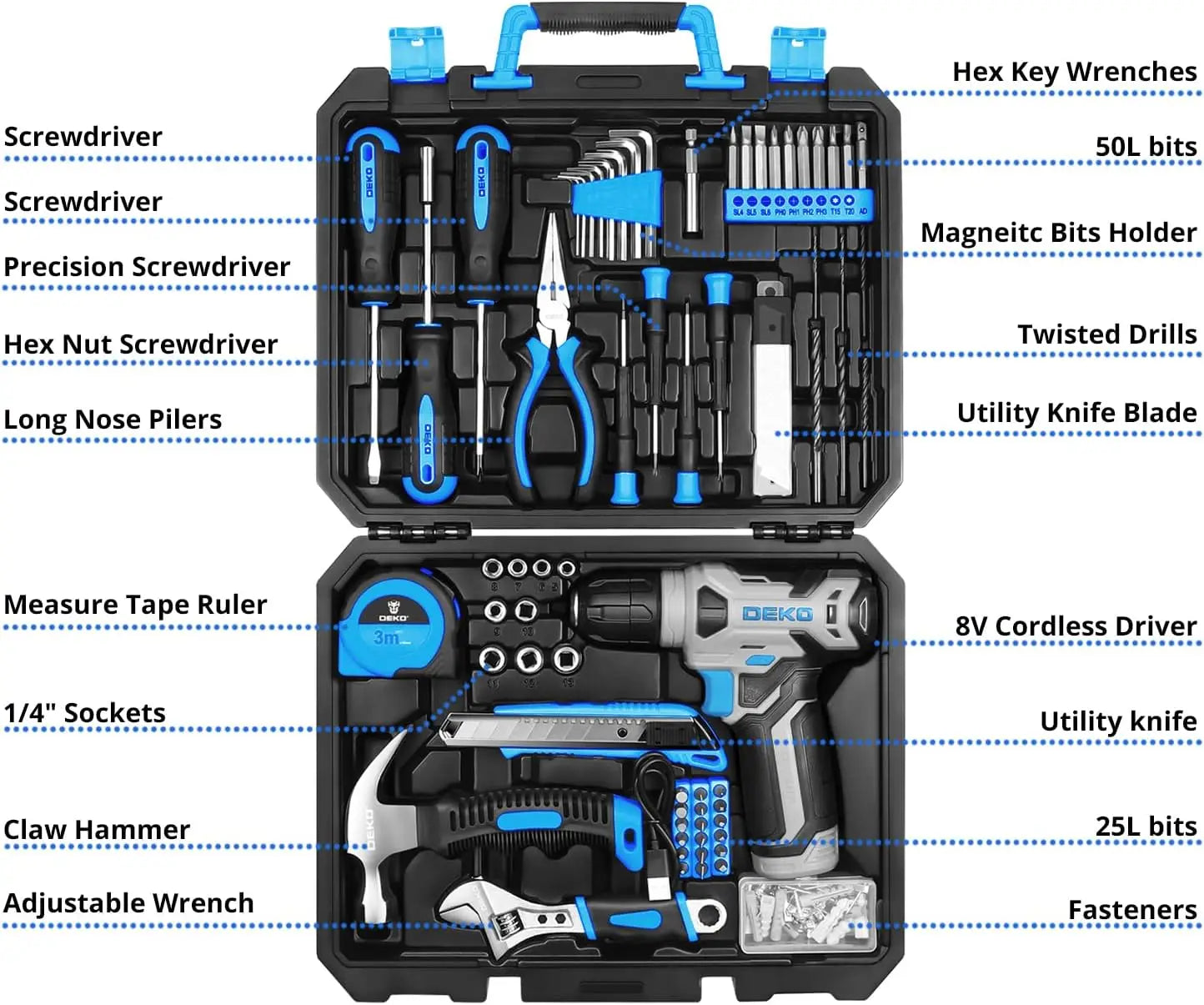126 Piece Home Maintenance Tools Set with 8V  Cordless and Hand Tools