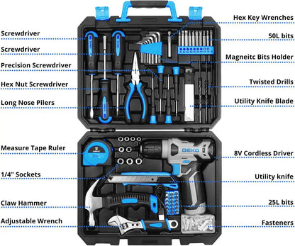 126 Piece Home Maintenance Tools Set with 8V  Cordless and Hand Tools