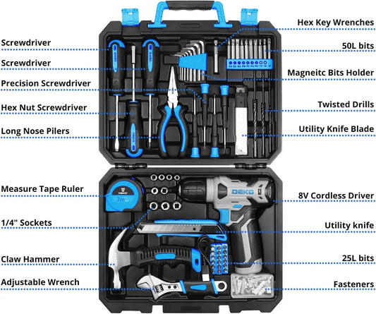 126 Piece Home Maintenance Tools Set with 8V  Cordless and Hand Tools