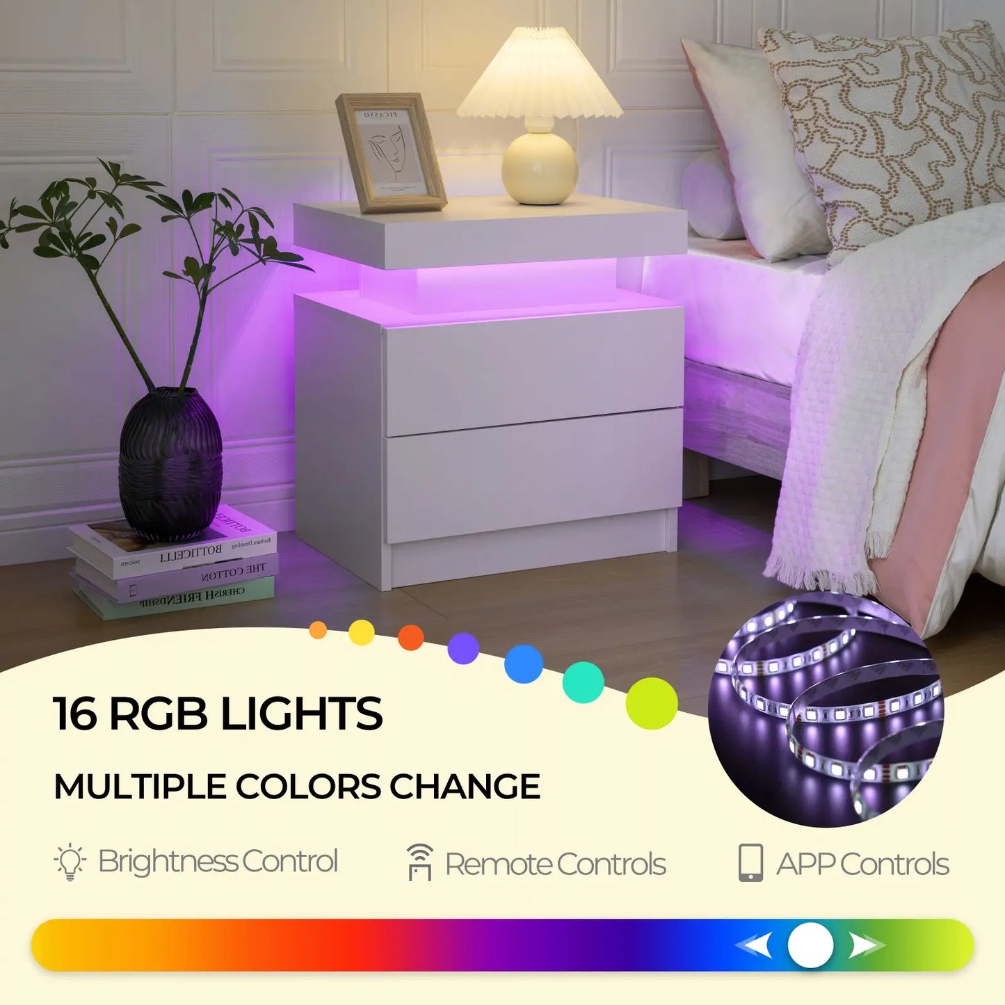 2 Drawer End Table with RGB LED Lights, Multiple Finish Options