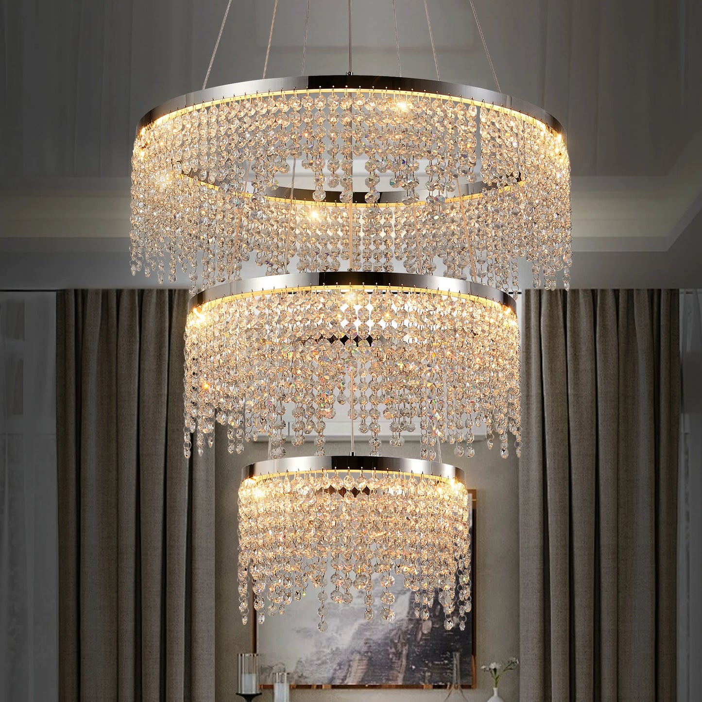 23.6-inch Crystal Chandelier, LED Ceiling Lamp, Adjustable Color Temperature 3000K/4000K/6000K, Height Adjustable