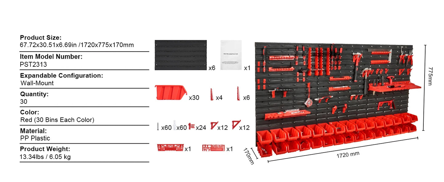 Wall Mounted Storage Solution, 30/48 Bin Parts Rack with Wall Panels