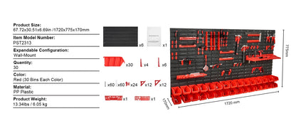Wall Mounted Storage Solution, 30/48 Bin Parts Rack with Wall Panels