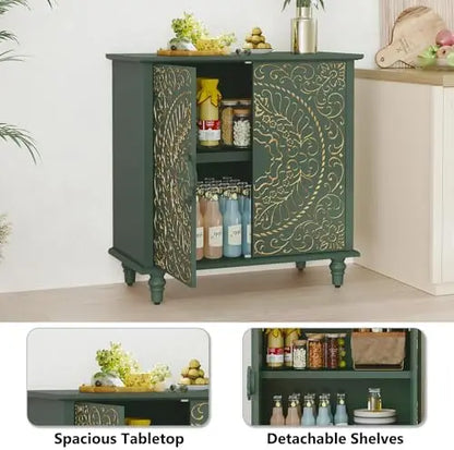 Green Vintage 2-Door Wood Credenza with Carved Flower