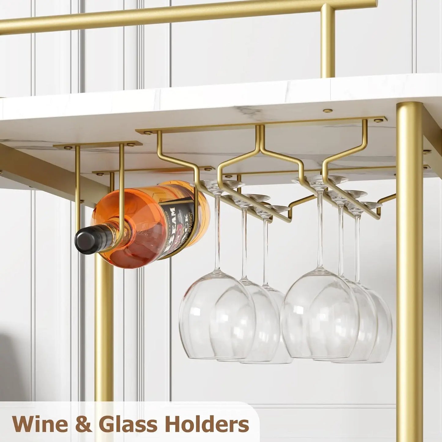Gold Bar/Coffee Cart On Wheels with 4-Tier Storage Shelves, Wine Rack, and Glass Storage