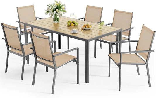 Patio Dining Set 7 Piece Outdoor Furniture with Large Table and 6 Stackable Chairs
